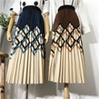 Color Block Pleated Midi A-line Skirt