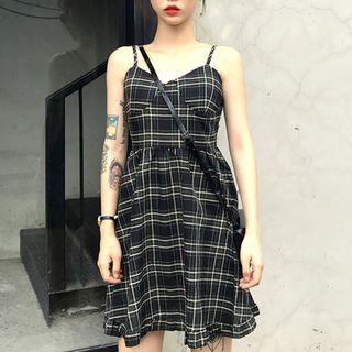 Spaghetti Strap Plaid A-line Dress As Shown In Figure - One Size