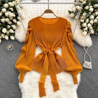 Plain Round-neck Lace-up Strap Puff-sleeve Top