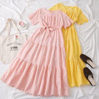 Embroidered A-line Midi Dress With Sash