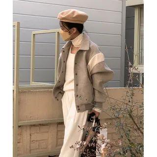 Collared Two-tone Baseball Jacket Beige - One Size