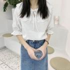 Elbow-sleeve Doll-collar Blouse White - One Size