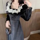 Long-sleeve Flower-accent Velvet Dress