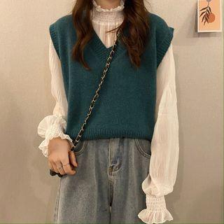 Mock-neck Blouse / V-neck Sweater Vest