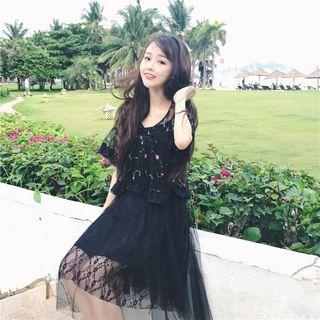 Set : Embroidered Sheer Top + Spaghetti Strap Dress