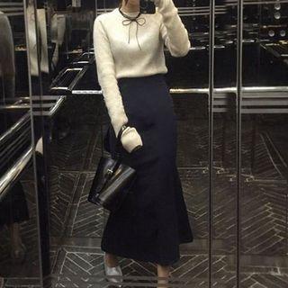 Set: Bow Neck Sweater + Midi Knitted Skirt