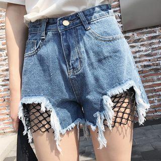 Fishnet Panel Frayed Denim Shorts