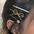 Set Of 3: Alloy Bow / Faux Pearl / Rhinestone Hair Pin Set Of 3 - 0524a - One Size