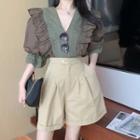 Elbow-sleeve Lace Frill Trim V-neck Top / Wide-leg Shorts