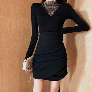 Rhinestone Long-sleeve Top / High Waist Mini A-line Skirt