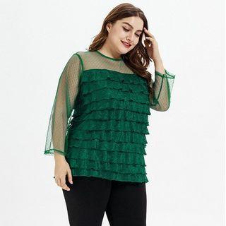 Plus Size Long-sleeve Mesh Panel Layered Top