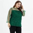 Plus Size Long-sleeve Mesh Panel Layered Top