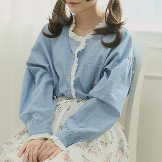Lace-trim Half-placket Denim Blouse Light Blue - One Size