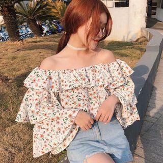 Off-shoulder Floral Long-sleeve Top