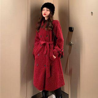 Fleece Double-breasted Midi Coat Red - One Size