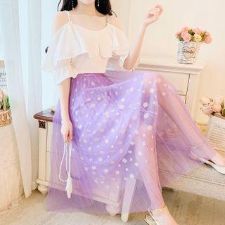 Cold-shoulder Elbow-sleeve Top / Maxi A-line Mesh Skirt / Set
