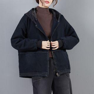 Color-block Hooded Denim Padded Coat