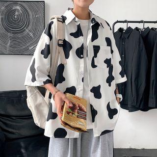 Elbow-sleeve Milk Cow Print Shirt