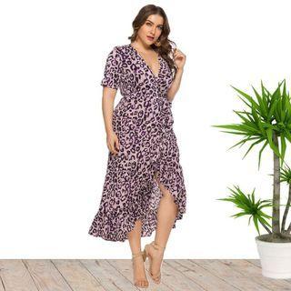 Plus Size Short Sleeve V Neck Ruffle Hem Leopard Print A-line Dress