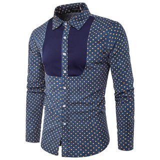Long-sleeved Floral Print Color Block Open-front Slim Blouse