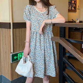 Round-neck Floral Lace-ups Bow Dress