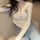 Long-sleeve Letter Embroidered Cherry Print T-shirt Almond - One Size