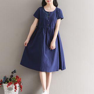 Short-sleeve Linen A-line Midi Dress