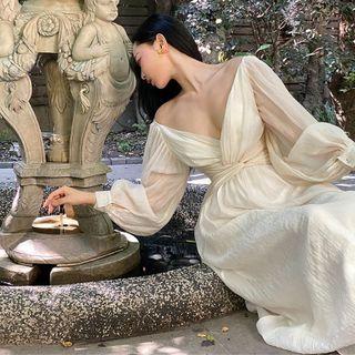 Puff-sleeve V-neck Off-shoulder Dress