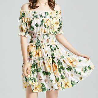 Short-sleeve Off-shoulder Floral Print Mini A-line Dress