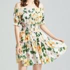 Short-sleeve Off-shoulder Floral Print Mini A-line Dress