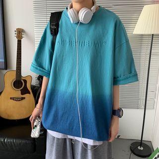 Elbow-sleeve 3d Letter Gradient Print T-shirt