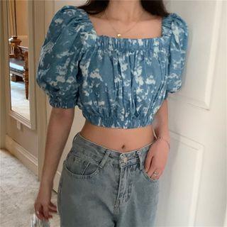 Printed Short-sleeve Denim Crop Top As Shown In Figure - One Size