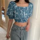 Printed Short-sleeve Denim Crop Top As Shown In Figure - One Size