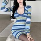 Off-shoulder Striped Mini Bodycon Sweater Dress