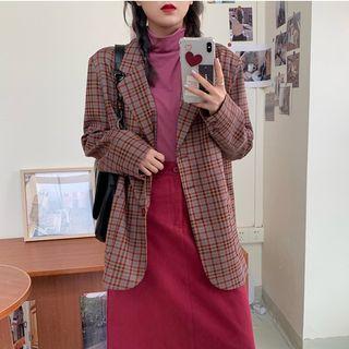 Plaid Blazer / High-waist Plain Skirt / Long-sleeve Mock Neck Plain Top