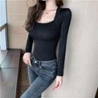 Square-neck Long-sleeve Glitter T-shirt