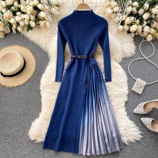 Long-sleeve Pleated Gradient Midi A-line Dress