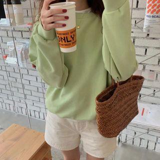 Long-sleeve Plain Sweatshirt Green - One Size