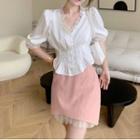 Puff-sleeve Lace Trim Blouse / Mesh Trim Mini Pencil Skirt