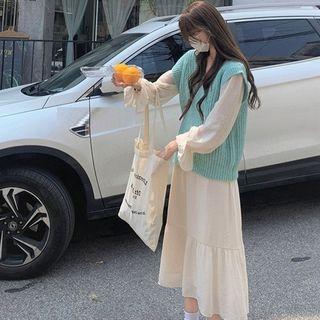 Ruffle Trim Midi A-line Dress / Sweater Vest