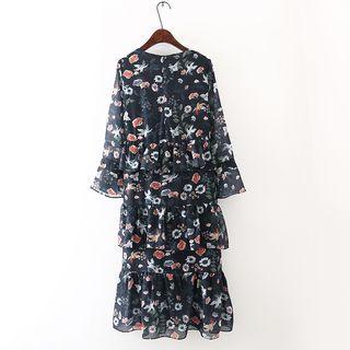 Long-sleeve Floral Layered Chiffon Dress