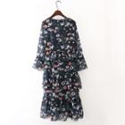 Long-sleeve Floral Layered Chiffon Dress