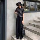 Striped Top / Plain Wide Leg Pants