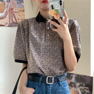 Puff-sleeve Contrast Trim Floral Polo Shirt As Shown In Figure - One Size