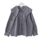 Long-sleeve Wide-collar Button-up Gingham Check Blouse Gingham - Black & White - One Size