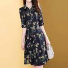 Printed Elbow-sleeve Collared A-line Dress