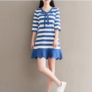 Tie-front Striped Elbow-sleeve Knit Dress