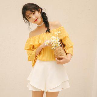 Set: Ruffle Off-shoulder Elbow-sleeve Blouse + Shorts