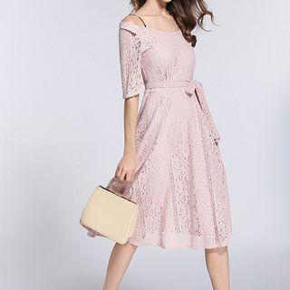 Cold Shoulder Elbow-sleeve A-line Midi Lace Dress