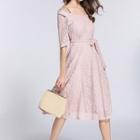 Cold Shoulder Elbow-sleeve A-line Midi Lace Dress